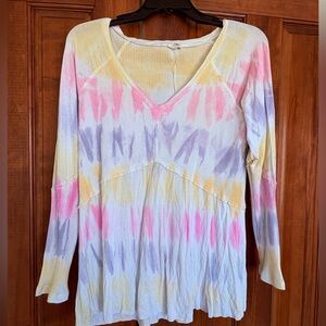 POL Mixed Material Pastel Tie-Dye Long Sleeve Top